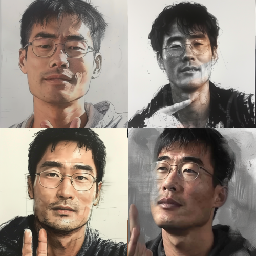Half body portrait, don't imitate all the details of the original image, you need to process something else yourself, change the character's clothing, posture, and background. Painting, adding soy sauce < https://oc.superx.chat/img/1776091487943.png > A 35-year-old Asian man, linear sketch, pencil drawing lines, high contrast, sketches, traditional media, half-length portrait1:1  --v 6戴眼镜