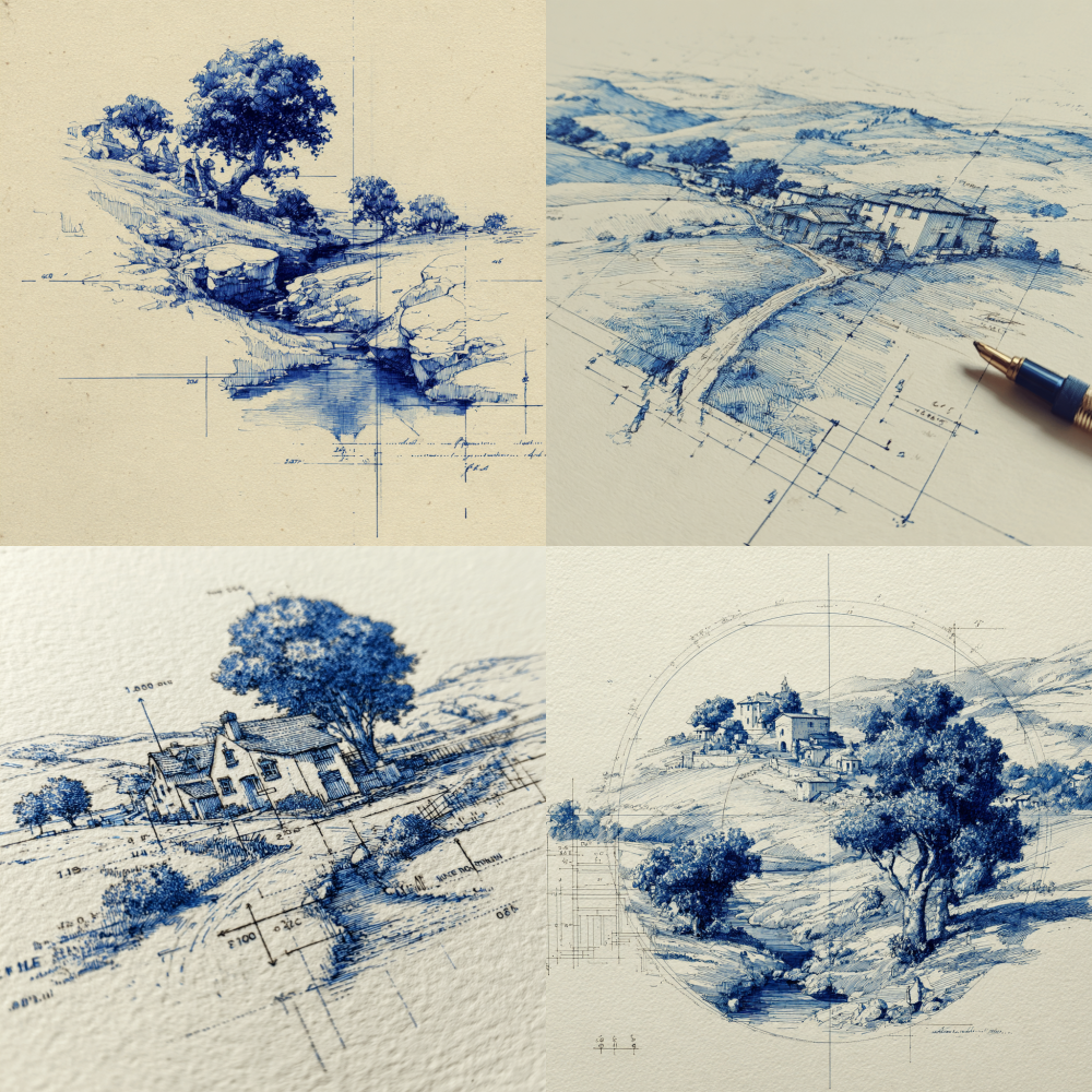 elegant sectional countryside landscape illustration, detailed blue ink pen on rich creamy textured parchment, precise dimension marking lines, subtle loose hatching shading, refined minimalist sketch aesthetic, gentle muted neutral backdrop, sophisticated minimalist draft --ar 1:1 --style raw --s 200