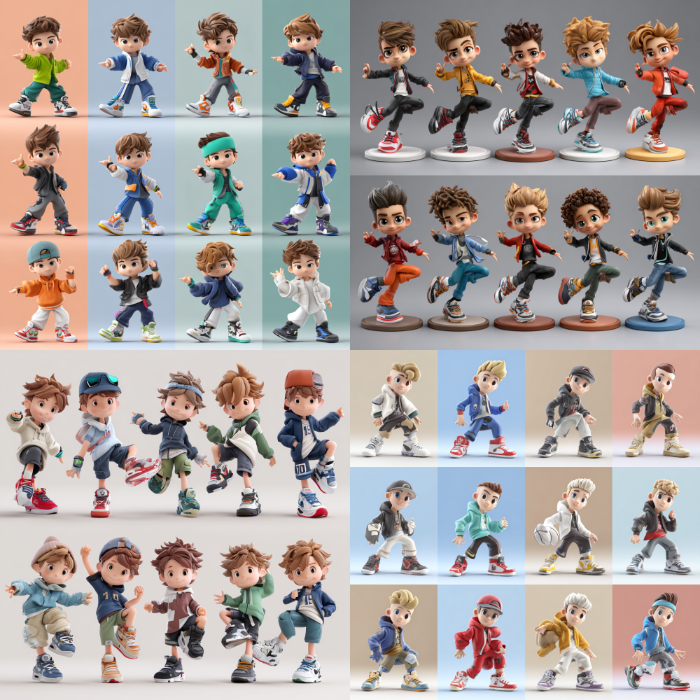 A captivating series of 13 charming cartoon boy characters designed as 3D figurines, each boy showcasing a variety of dynamic sports poses with unique expressions. They are adorned in diverse outfits, featuring an array of stylish shoe designs and colors, complemented by trendy hairstyles. The overall aesthetic is rich in detail, with a focus on high resolution and crystal-clear clarity.