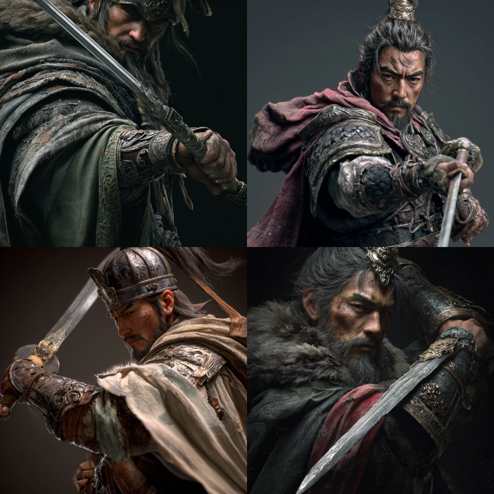 A close-up clear photo of Liu Bei, a figure from the Three Kingdoms period, wearing a cloak and armor, wielding a sword to kill enemies, highlighting the image of a single character without any environmental background or other elements. 