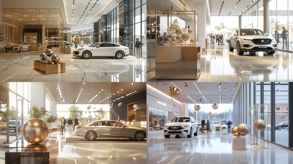 shop Photorealistic image of a bright, clean, and modern car dealership (4S) showroom. In a stylish product display area, stands a **minimalist artistic installation**. It is a **sleek, floor-standing glass display case with a matte golden frame**. Inside the case are **several elegant, spherical sculptures with a muted gold finish**, arranged neatly. The overall design is sleek, sophisticated, and luxurious. A sleek new mid-size SUV is parked prominently next to it on the polished showroom floor. Well-dressed customers and staff are browsing in the background. Natural lighting from large windows, creating a warm and high-end atmosphere.  --ar 16:9  --v 6.0  --style raw