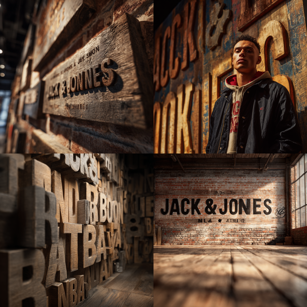 Need to take a frontal shot Front shot Front, a whole row A retro wooden board with three-dimensional text on it, the content of the text “Jack&Jones x NBA”