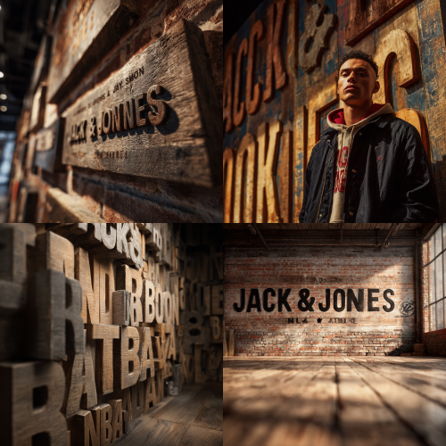 Need to take a frontal shot Front shot Front, a whole row A retro wooden board with three-dimensional text on it, the content of the text “Jack&Jones x NBA”