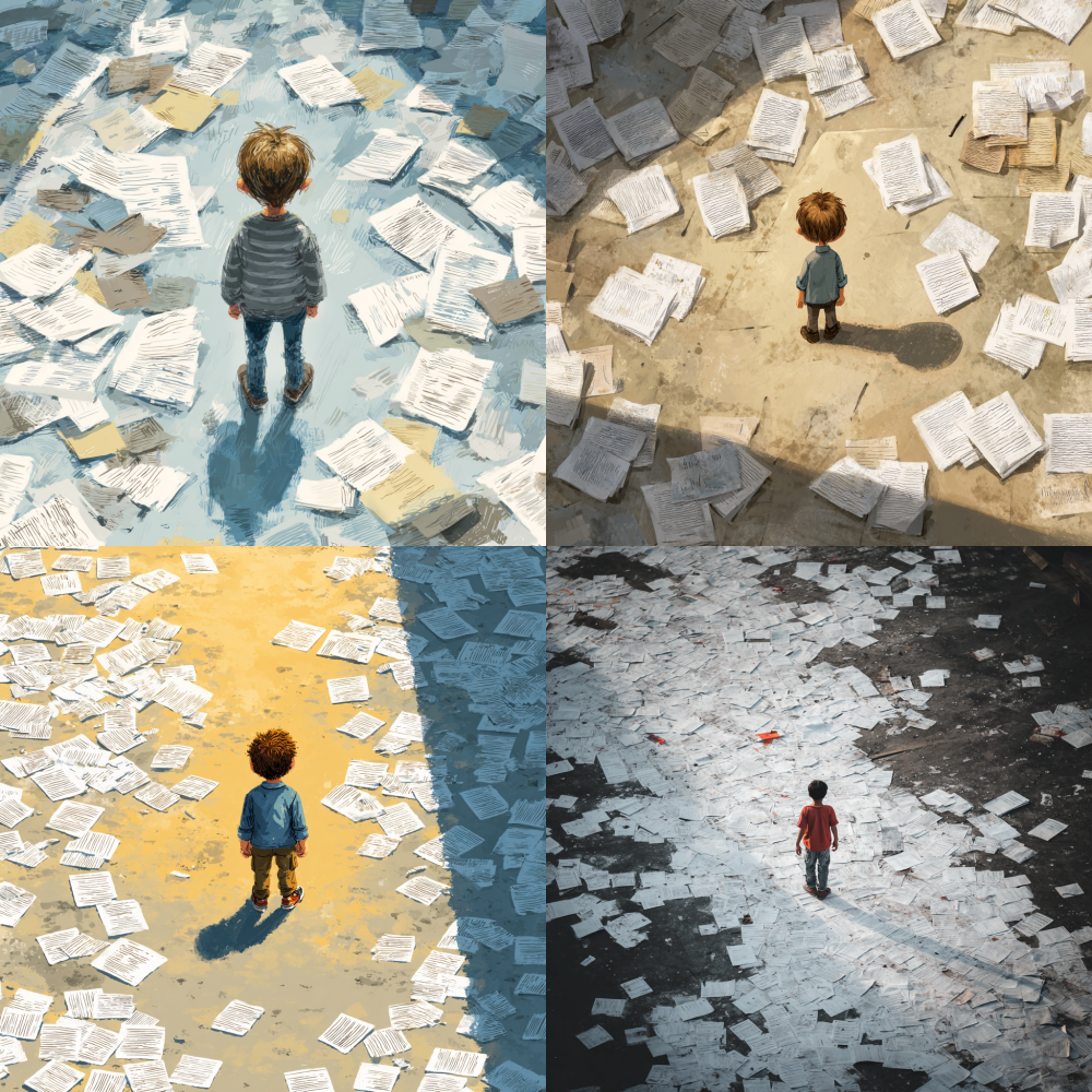 A little boy stood in the middle of scattered exam papers on the ground 