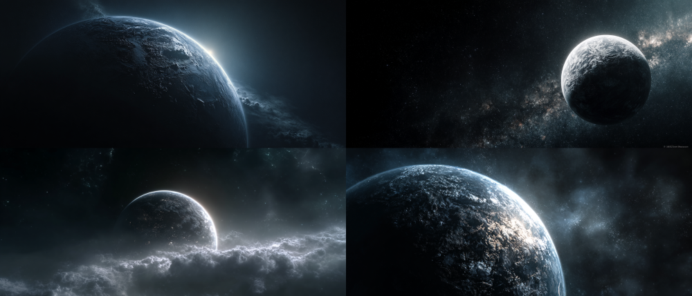 A lonely planet in the pitch black deep sky, sci-fi style, dark silver main tone, strong contrast of light and shadow, rich details, high resolution, futuristic fantasy style, advanced rendering, ultra high definition, overall with a sci-fi feel, super realistic, super realistic, movie grade lighting, fantasy atmosphere, movie grade visuals  --ar 21:9 --ar 21:9 