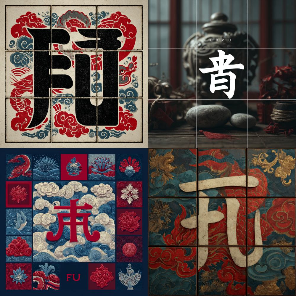 Generate a Chinese style character for 'fu' and divide the image into nine grids, featuring traditional Chinese cultural symbols such as auspicious clouds “”