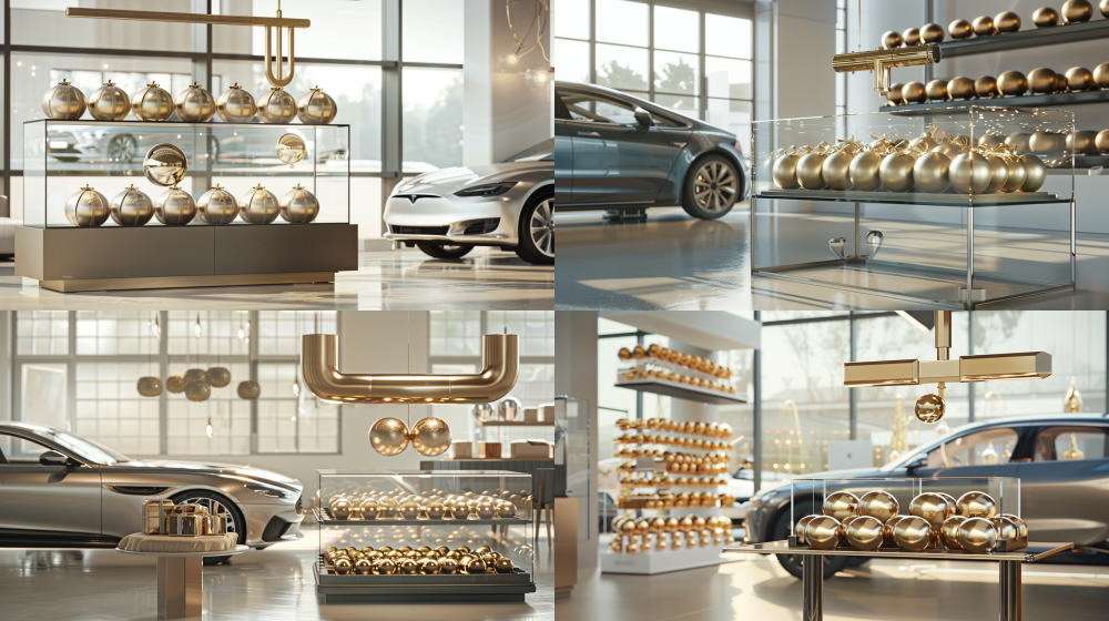Photorealistic image of a bright, modern car dealership showroom. A sleek, minimalist glass display case on a stand. Inside the case are many spherical gifts wrapped in shiny muted gold foil. Above the gifts, a mechanical arm is mounted to the top of the case. At the end of the arm is a large, solid, glossy golden U-shaped magnet. The magnet is lowering towards one golden ball to attract and lift it. The design is elegant and integrated. A stylish car is displayed next to it. Natural light from windows.  --no claw, crane, arcade, game, joystick, coin slot  --ar 16:9  --v 6.0