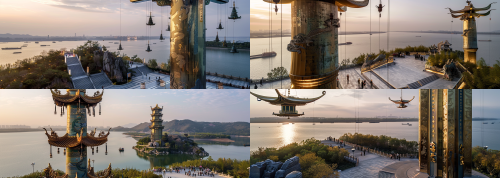 < https://oc.superx.chat/img/1776090353610.png >  A monumental wind chime installation standing on the bank of the Yangtze River, designed as a grand cultural landmark inspired by Chu-Han civilization. The main vertical structure is shaped like the Sword of Goujian, tall, slender, solemn, and iconic, with exquisite ancient bronze texture, subtle corrosion marks, and luxurious gilded details. Suspended from the upper structure are oversized wind chime bells inspired by the components and forms of Marquis Yi of Zeng’s Bianzhong bells, reinterpreted as elegant hanging bronze chimes with intricate ritual patterns, archaic Chinese ornament, and refined golden inlays. The whole sculpture expresses the spirit of ancient Chu culture, ritual music civilization, and heroic historical grandeur. Located beside the vast Yangtze River, with dramatic riverfront scenery, strong winds, flowing water, and an open monumental public space. The design combines ancient Chinese bronze aesthetics, sacred ceremonial symbolism, and contemporary large-scale public art. Majestic, poetic, solemn, culturally powerful, highly detailed, realistic materials, bronze and gilt metal, museum-quality craftsmanship, cinematic lighting, epic atmosphere, ultra-detailed, architectural visualization, landmark sculpture, cultural monument.  --ar 84:30   --style raw   --iw 1.5