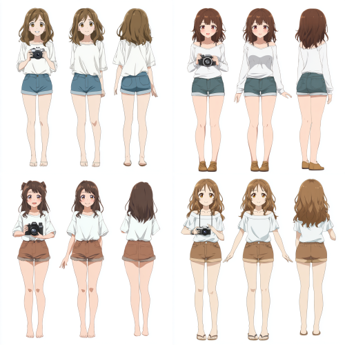 纯白背景,一个棕色头发拿着照相机爱探险的可爱动漫女孩。三视图的正面图⼿臂微张,约 30-45 度,双腿⾃然直⽴,不可遮挡。侧视图同上,背面图要有头发遮挡9:16 纯白背景,一个棕色头发拿着照相机爱探险的可爱动漫女孩。三视图的正面图⼿臂微张,约 30-45 度,双腿⾃然直⽴,不可遮挡。侧视图同上,背面图要有头发遮挡9:16