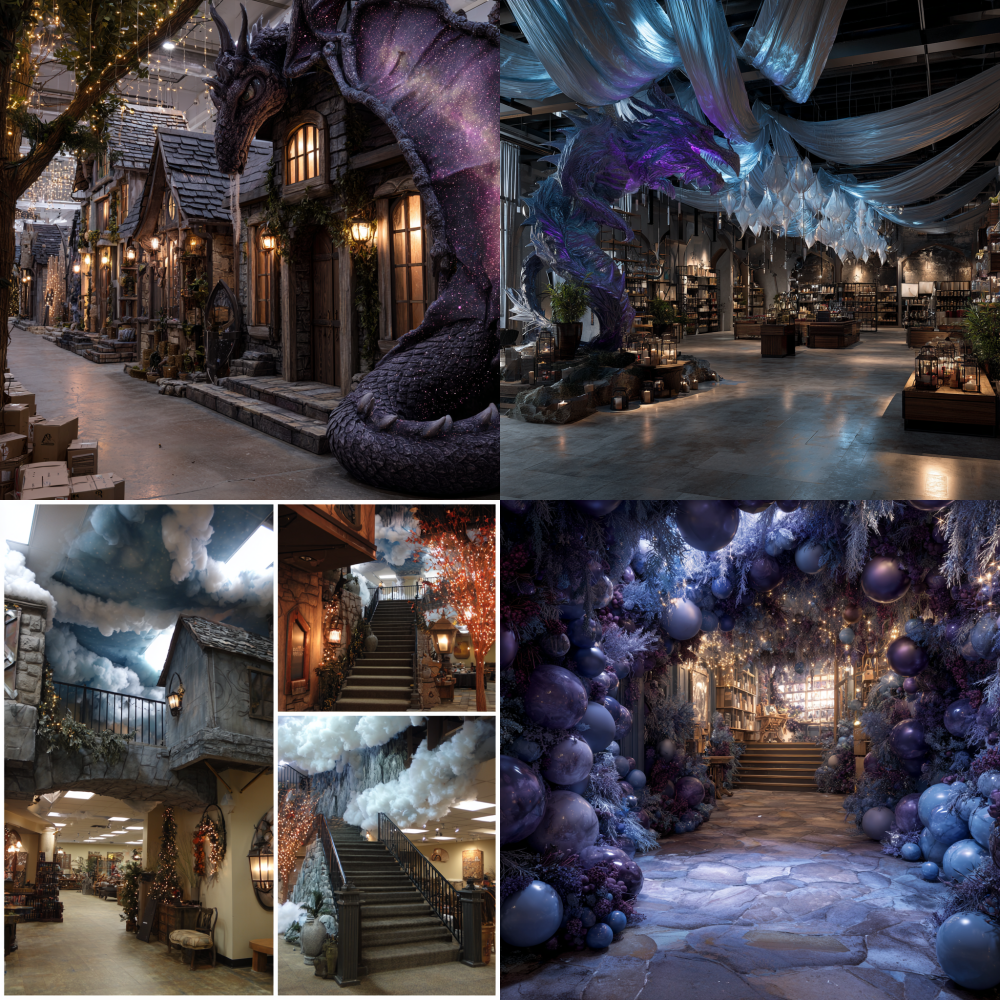 Generate several commercial store decorations with special fantasy effects