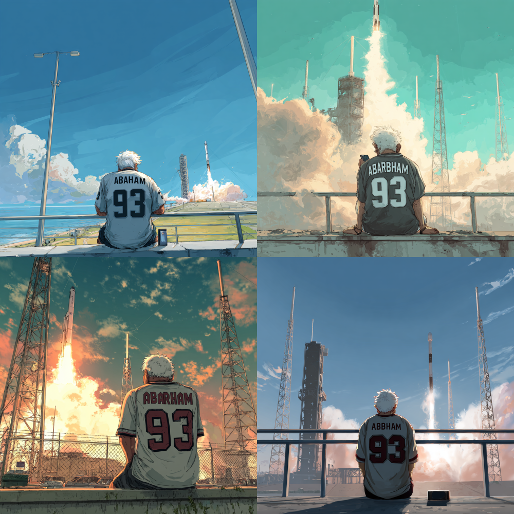 Please help me generate a man's back view, sitting on the railing of a high platform, facing the scene of a rocket just launched, holding a phone, with white hair, wearing a short-sleeved jersey number 93 with the words "Abraham" written on it.