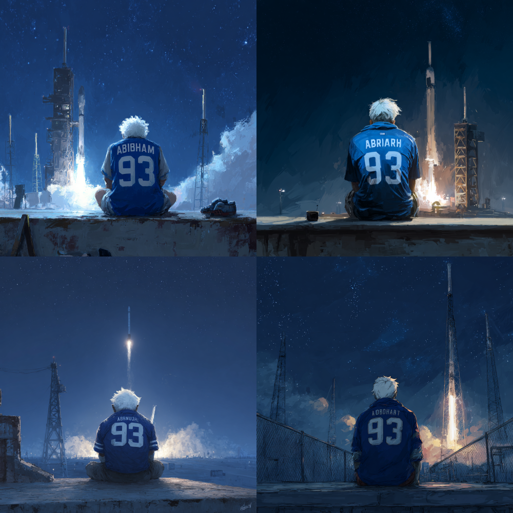 Please help me generate a realistic style of a man's back view. He is sitting on a high platform at night, facing a rocket that has just been launched. He has white hair and is wearing a blue No. 93 "Abraham" jersey