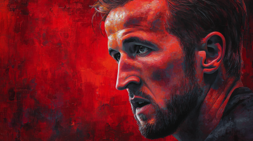 A stunning, hyper-realistic portrait of Harry Kane, capturing his intense focus and determination, with dramatic lighting and a rich, textured background --ar 16:9 --v 7 --style raw --stylize 100