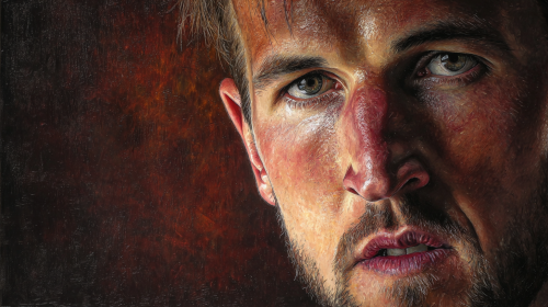 A stunning, hyper-realistic portrait of Harry Kane, capturing his intense focus and determination, with dramatic lighting and a rich, textured background --ar 16:9 --v 7 --style raw --stylize 100