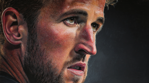 A stunning, hyper-realistic portrait of Harry Kane, capturing his intense focus and determination, with dramatic lighting and a rich, textured background --ar 16:9 --v 7 --style raw --stylize 100