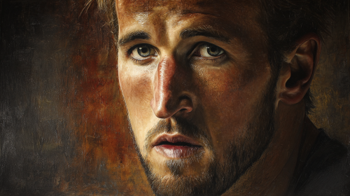 A stunning, hyper-realistic portrait of Harry Kane, capturing his intense focus and determination, with dramatic lighting and a rich, textured background --ar 16:9 --v 7 --style raw --stylize 100
