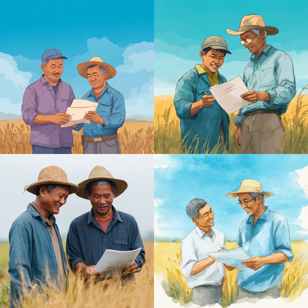 Help me draw an insurance claims officer and a farmer discussing agricultural insurance in the field. The two of them looked at the document with smiles on their faces. Asian. 