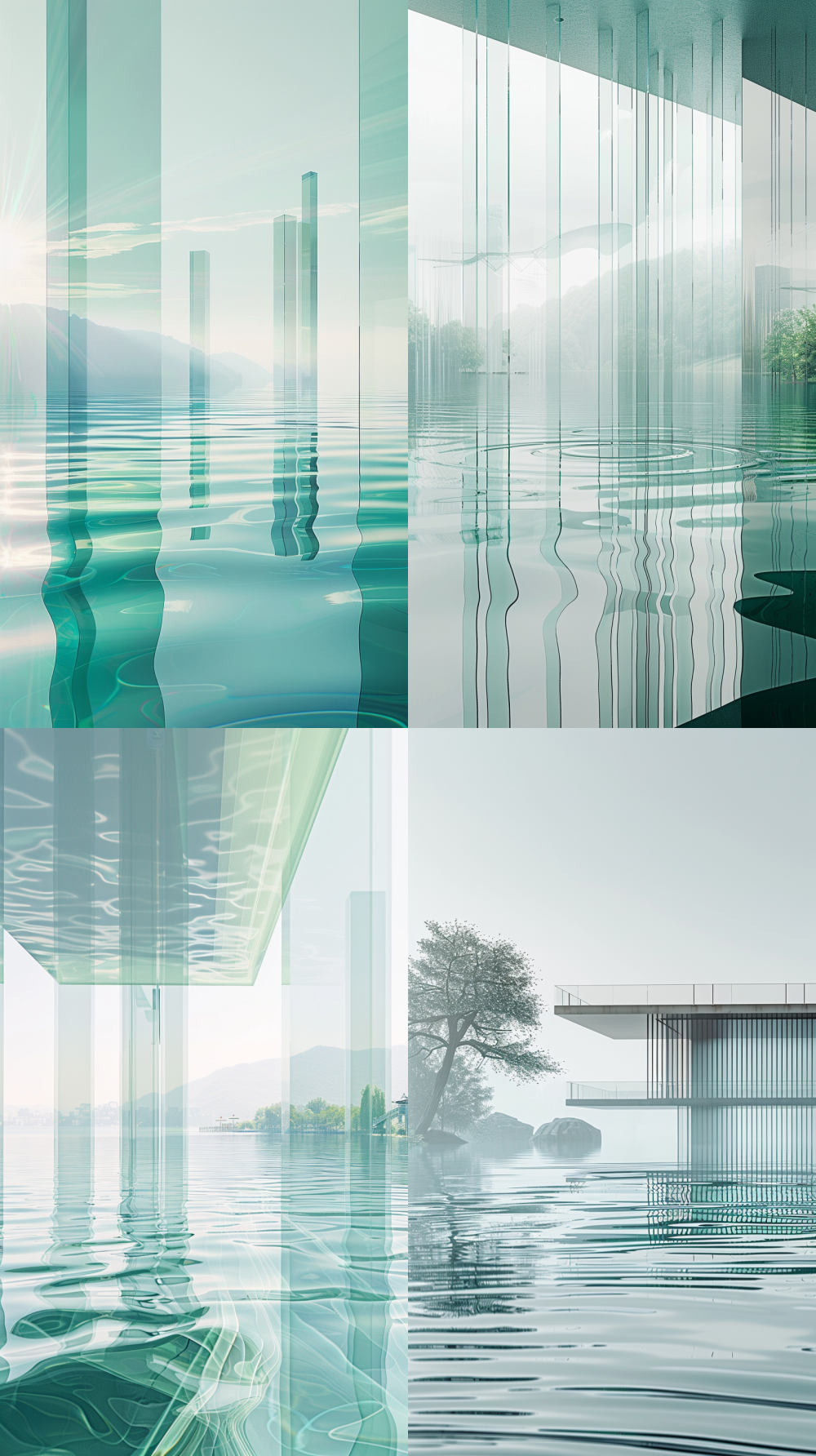 Vertical poster, futuristic reinterpretation of West Lake, calm water surface with floating reflections of a semi-transparent glass pavilion, abstract geometric light lines merging with rippling waves, holographic shimmer blending into mist, celadon green and misty blue palette, contemporary art aesthetic  --ar 9:16  --v 6.0  --q 2  --style raw