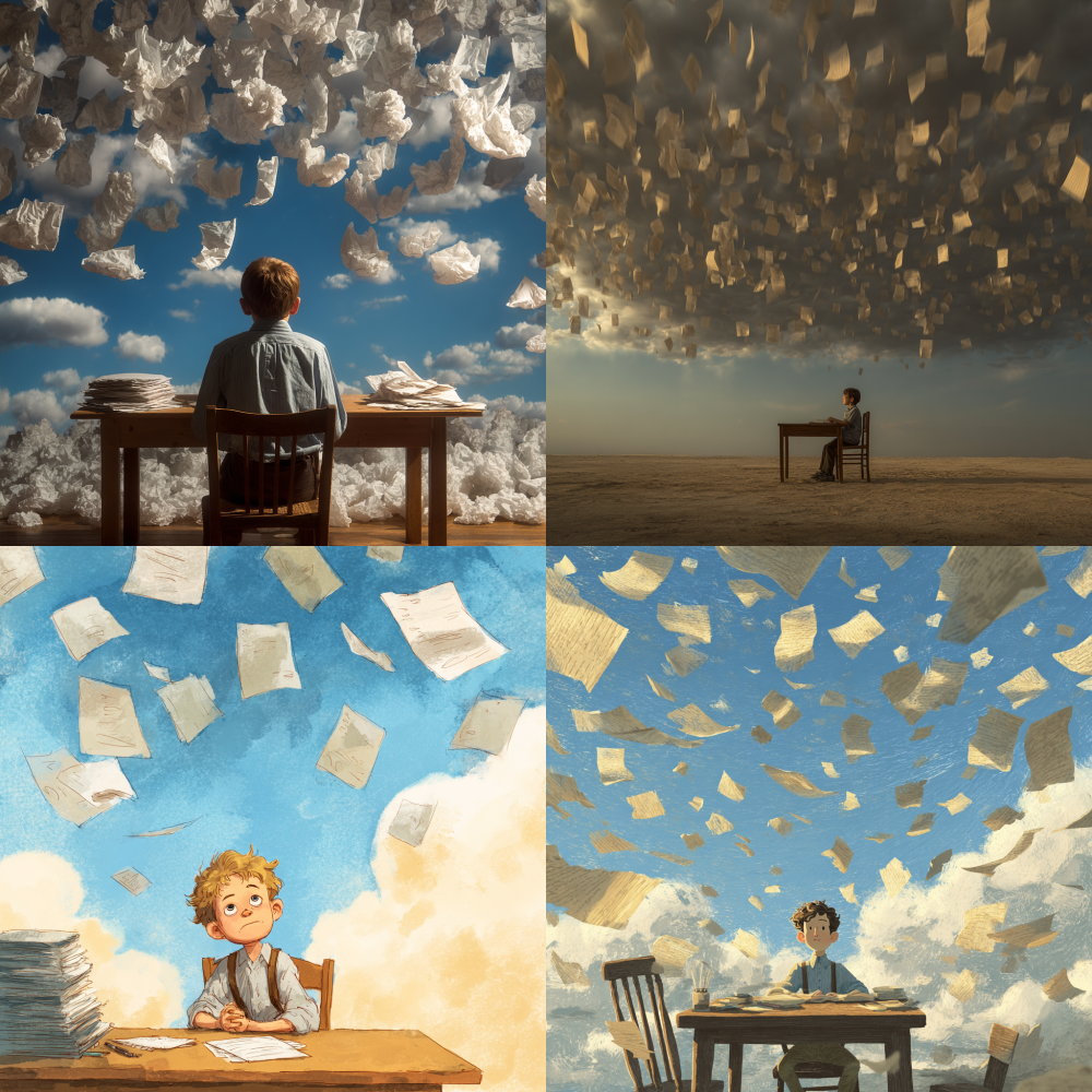 The test papers danced in the sky, and a little boy sat disappointedly at the table  