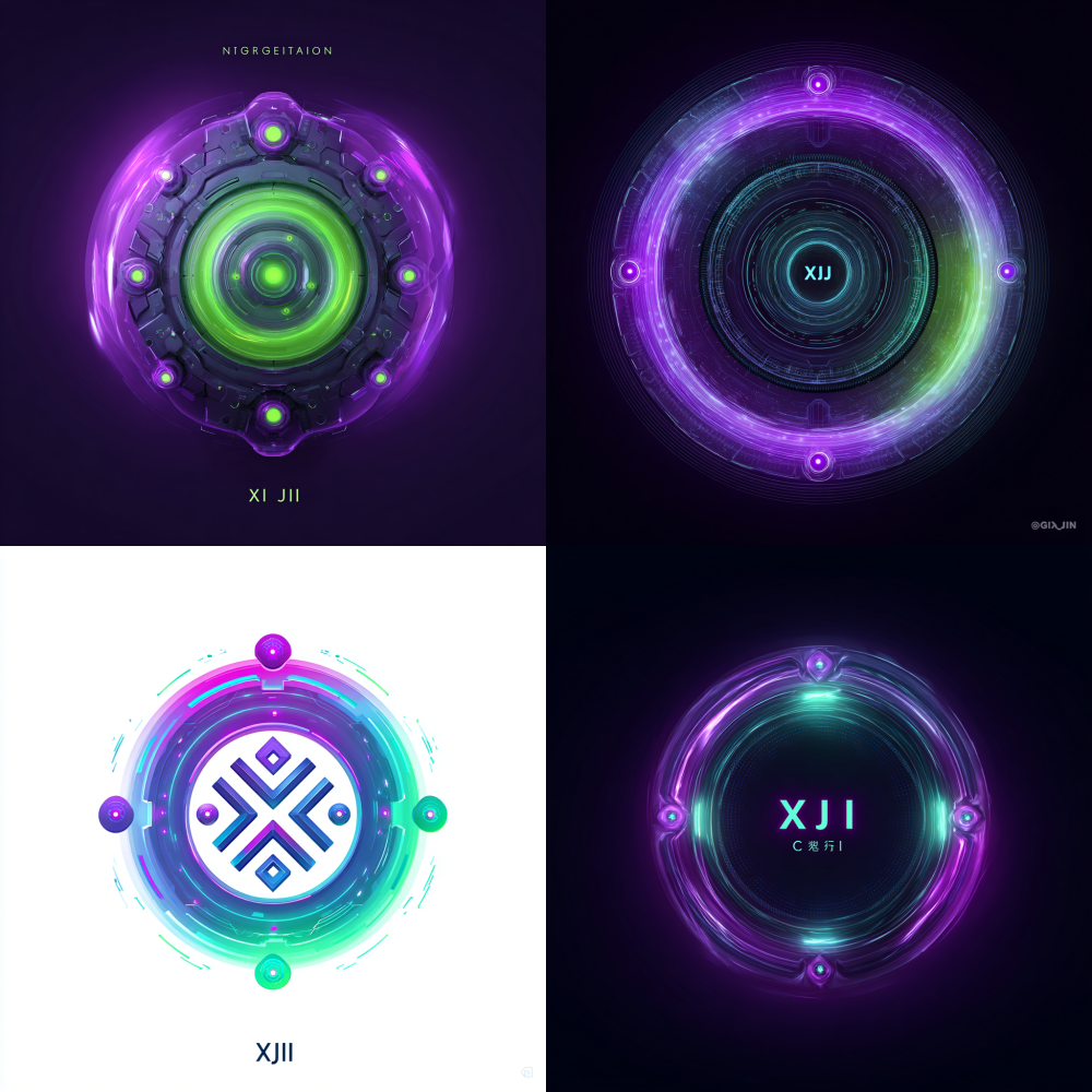 A technology company icon, brand name Xi Ji, integration of conceptual algorithms and generation. The center is an abstract fusion of symbols and letters. The periphery is a circular ring with four evenly distributed luminescent dots. There is a weak purple to green energy flow light effect overall, pulsating outward from the center. Minimalism, precise geometry, sharp lines, with a strong sense of futuristic technology and visual impact. The main color tone is a gradient from purple to green, made of luminous glass and semi transparent energy body, crystal clear, with a neon halo. Rendering, isometric perspective, studio lighting, rich details, resolution, clean image, appropriate use of negative space, high brand recognition. White background, flat style, modern, professional, and cutting-edge. LOGO“ XIJI”“”“#”“C”“G”3D8K2D