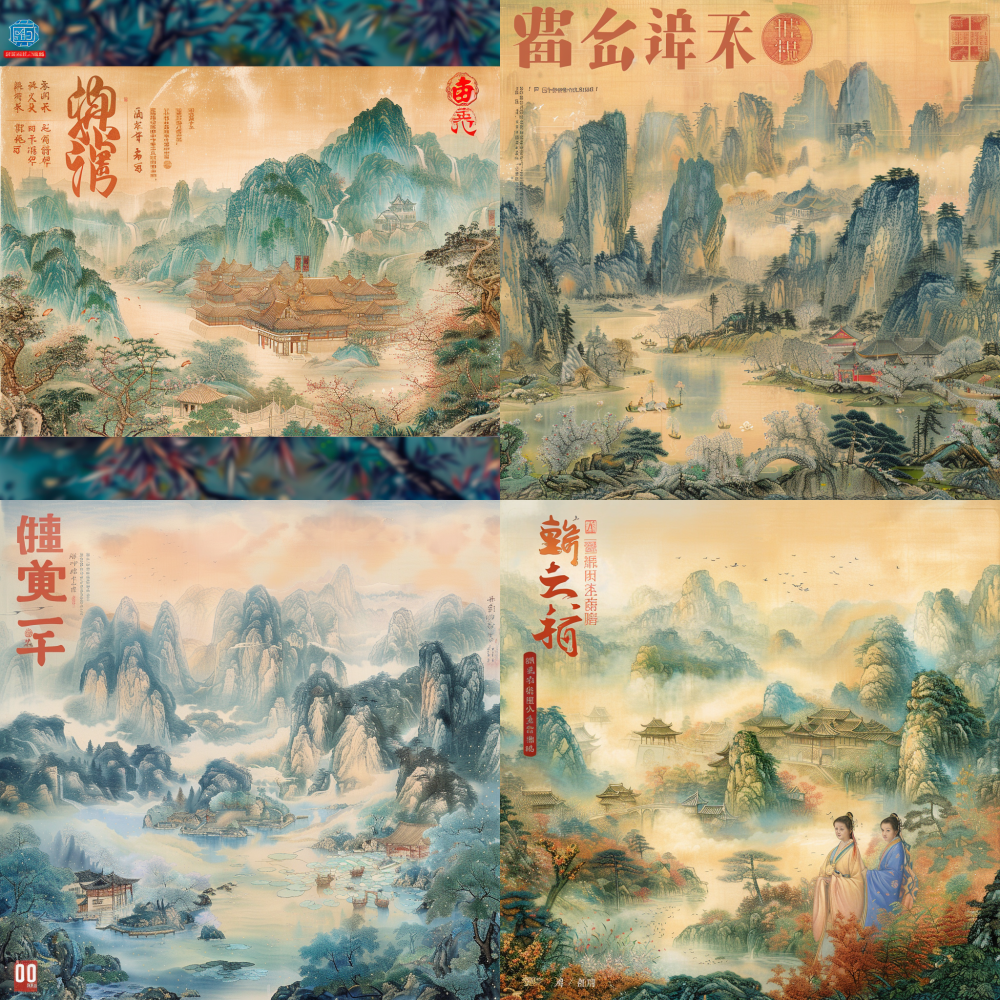 The panoramic view of the entire painting features undulating mountains and water in light blue and green. The background features beige and white outlines. In the style of Chinese landscape painting, there is an ancient village at the foot of the mountain range in the lower right corner. Trees are everywhere. In the upper left corner, there is another mountain range. < https://oc.superx.chat/img/1778318917449.png >  --v 6