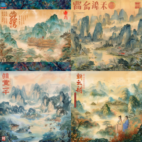 < https://oc.superx.chat/img/1778318917449.png > 整幅画的全景，以浅蓝色和绿色的起伏的山脉和水为特色。背景是米色和白色的轮廓。在中国山水画的风格中，右下方的山脉脚下有一个古老的村庄。到处都是树木。在左上角，是另一座山脉。