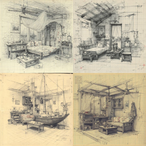 Hand-drawn pencil sketch on grid paper, layout of Chen Yamei's 1990s Shapowei room (28 sqm). Messy design draft, black and white, graphite strokes, erased lines.Labeled items: wooden window facing harbour (fishing boats outside), rattan sofa with floral cushion, old sewing machine with cloth cover, Red Lantern radio, low tea table with enamel tea set and thermos, wooden canopy bed with pink floral sheets and mosquito net, wooden wardrobe, Mazu shrine on wall, half-finished fishing net with wooden shuttle on stool, bamboo rain cape and straw hat hanging. Kitchen corner: brick coal stove, iron wok, clay jars.Ceiling fan with pull string. Add small annotations like "old photo of Tanka mother" and "unfinished net". Nostalgic, weathered, lived-in.Hand-drawn pencil sketch on gridded paper, traditional Shapowei wooden fishing boat (Tanka vessel, 1990s-2000s). Rough but clear, like field notebook.Side view: curved keel, pointed bow/stern, bamboo canopy over midship cabin (ribbed arch). At stern: long tiller and small outboard motor. Deck: fishing nets, bamboo traps, fuel containers.Small top view and front cross-section: cabin interior with sleeping mats, small clay stove, wooden chest. Annotations: "bamboo canopy", "living cabin", "keel".Detail callouts: registration number "闽厦渔 XXX" on bow, anchor with rope, signal flags.Margin sketch: three boats moored at Shapowei seawall. Handwritten note: "Shapowei fishing boats, circa 2000s". Hand-drawn pencil sketch on grid paper, layout of Chen Yamei's 1990s Shapowei room (28 sqm). Messy design draft, black and white, graphite strokes, erased lines.Labeled items: wooden window facing harbour (fishing boats outside), rattan sofa with floral cushion, old sewing machine with cloth cover, Red Lantern radio, low tea table with enamel tea set and thermos, wooden canopy bed with pink floral sheets and mosquito net, wooden wardrobe, Mazu shrine on wall, half-finished fishing net with wooden shuttle on stool, bamboo rain cape and straw hat hanging. Kitchen corner: brick coal stove, iron wok, clay jars.Ceiling fan with pull string. Add small annotations like "old photo of Tanka mother" and "unfinished net". Nostalgic, weathered, lived-in.Hand-drawn pencil sketch on gridded paper, traditional Shapowei wooden fishing boat (Tanka vessel, 1990s-2000s). Rough but clear, like field notebook.Side view: curved keel, pointed bow/stern, bamboo canopy over midship cabin (ribbed arch). At stern: long tiller and small outboard motor. Deck: fishing nets, bamboo traps, fuel containers.Small top view and front cross-section: cabin interior with sleeping mats, small clay stove, wooden chest. Annotations: "bamboo canopy", "living cabin", "keel".Detail callouts: registration number "闽厦渔 XXX" on bow, anchor with rope, signal flags.Margin sketch: three boats moored at Shapowei seawall. Handwritten note: "Shapowei fishing boats, circa 2000s".