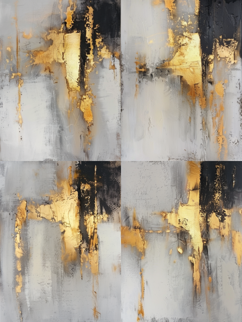 < https://oc.superx360.com/img/1786948616841.png > Handmade Gold Gray Triptych Abstract Painting , Heavy Textured Gold Drip Mural For Luxury Hotel Lobby, visible textured burshstroke. --ar 3:4 --v 6 --stylize 100  --iw 2