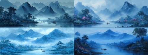 A captivating traditional landscape featuring majestic mountains covered in mist, rendered in soothing shades of blue. The river flows gently, lined with trees and flowering plants, while small boats add a touch of life to the serene environment. The overall mood is tranquil and reflective, inviting viewers to immerse themselves in nature's beauty.  --ar 113:42