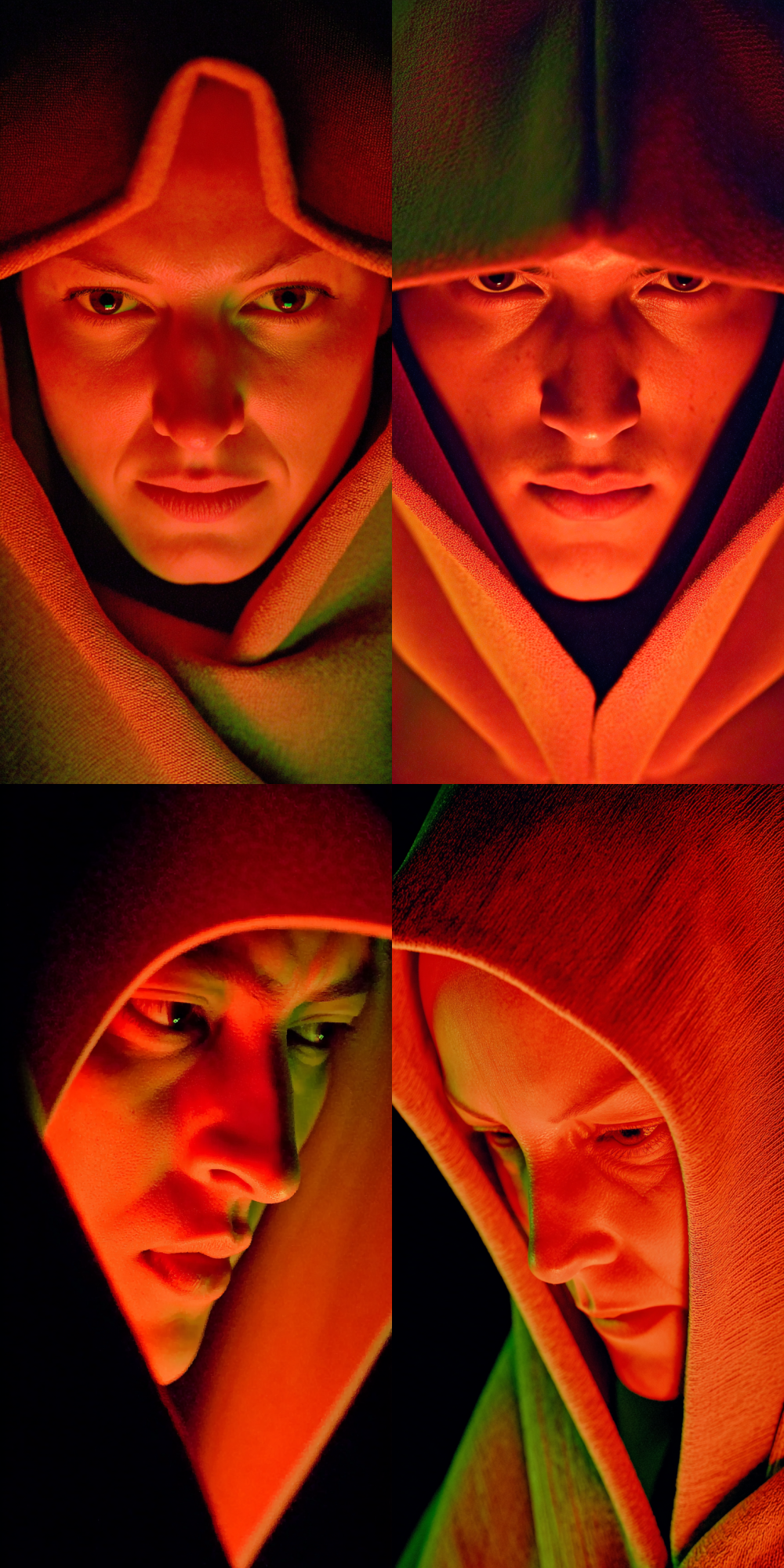 An intense close-up portrait of a mysterious beautiful woman, her face is framed by a dark hood. Chiaroscuro lighting, the key light is an ethereal red glow emanating from within the smoky, translucent fabric of the hood, softly illuminating her sharp features and piercing eyes. The background is pitch black. Hyper-detailed, fantasy art, a sense of magical energy, style of Gerald Brom and Raymond Swanland,4k, 8k, ultra-detailed. --sref 3558063635 --c 10 --style raw --v 7.0 --ar 1:2