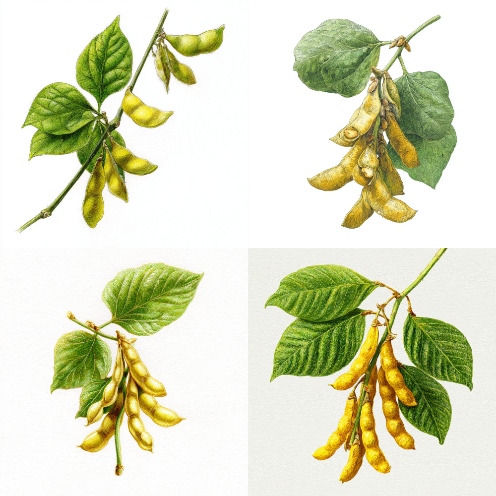 yellow ink drawing soybean, soybean agricultural, bean drop, bean out, clip bean, big green leaf, hyper detailed, soybean botanical illustration, center position, clear space, super realistic drawing, white background.