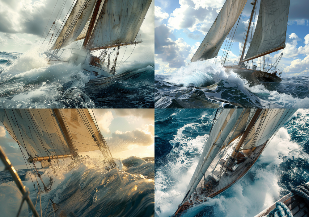Generate a real-life shot based , with widened sails and thicker masts, and the sailboat breaking through the waves in the wind --ar 10:7 --style raw --v 6