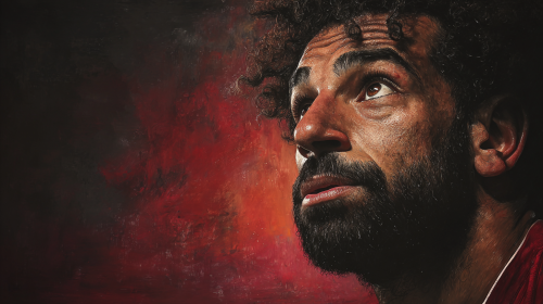 Create a stunning portrait of Mohamed Salah, capturing his dynamic spirit and charisma, with rich colors and intricate details that highlight his athletic grace and personality. --ar 16:9 --v 7 --style raw --stylize 100