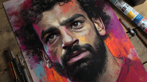 Create a stunning portrait of Mohamed Salah, capturing his dynamic spirit and charisma, with rich colors and intricate details that highlight his athletic grace and personality. --ar 16:9 --v 7 --style raw --stylize 100