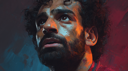 Create a stunning portrait of Mohamed Salah, capturing his dynamic spirit and charisma, with rich colors and intricate details that highlight his athletic grace and personality. --ar 16:9 --v 7 --style raw --stylize 100