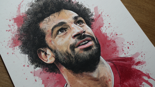 Create a stunning portrait of Mohamed Salah, capturing his dynamic spirit and charisma, with rich colors and intricate details that highlight his athletic grace and personality. --ar 16:9 --v 7 --style raw --stylize 100