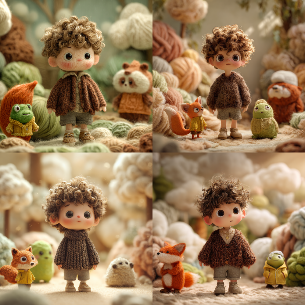 An original children's English enlightenment animated movie character. A little boy around the age of one stands in the forest of dreamy blankets. Featuring a round and adorable child's face, large black crystal eyes with warm highlights, a small nose, mouth, and chubby cheeks. The hair is fluffy and natural brown curly, soft and messy like just waking up. Wearing a thick brown knitted sweater with real yarn texture, revealing a beige shirt collar, paired with gray shorts and soft leather shoes. There are three animal friends around me: an orange furry little fox with a huge fluffy tail; A green round little frog wearing a yellow raincoat; A creamy red panda wearing a chef's hat. All characters have a cinematic animation texture, big eyes, and cute expressions. They stood in a dreamlike forest made up of blankets, wool, and cotton. The ground is made of soft knitted blankets, trees are made of wool, cotton clouds float in the sky, and sunlight passes through the clouds to form warm beams. Visual style: Suitable for children's English enlightenment animation. The image scale is horizontal 5MOMOMOMOMOMO3DPixar quality 3D animation,Ghibli inspired warm storytelling,cute children movie character design,soft realistic fabric texture,cozy fantasy world,high saturation colors,warm cinematic lighting,storybook atmosphere,8K ultra detailed.IP16:9 cinematic composition,no text,no subtitles.16:9