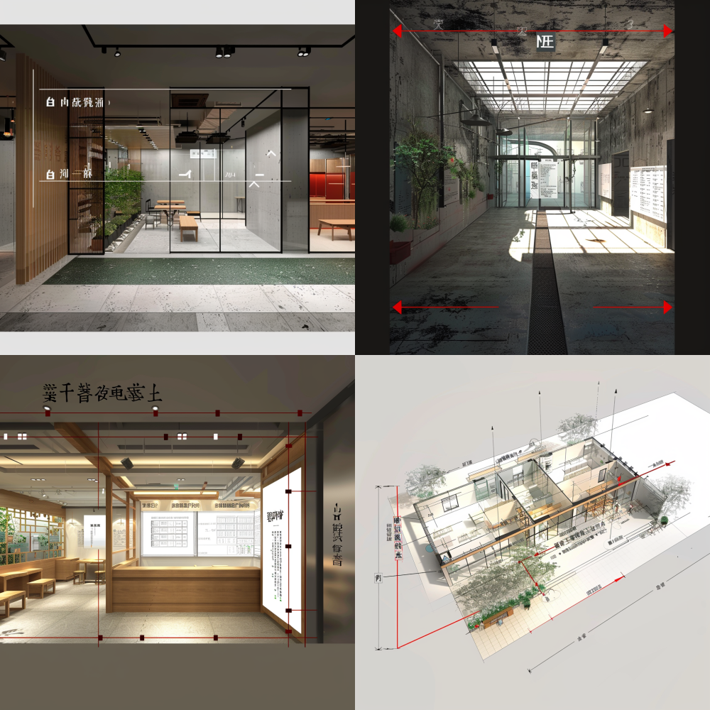 Create a decoration rendering based on this image, with the requirement of transforming the operating room into a milk tea and coffee operating room, separated by glass partitions. The storage room has been transformed into an animal care area, while the position of the door remains unchanged. The elderly canteen is located on the left side of the red line as an animal interactive display area, and on the right side there is a platform, hemp, and rest area. The location of the rooftop lounge is covered with green grass and some seats are made. Specific dimensions, indoor section, operating room width of meters, storage room width of meters, and senior canteen width of meters. The depth can be calculated proportionally for the Mitai Terrace Lounge. Please provide me with a floor plan first. Give me another rendering < https://oc.superx360.com/img/1786557357432.png > /23.68211.676 --v 6