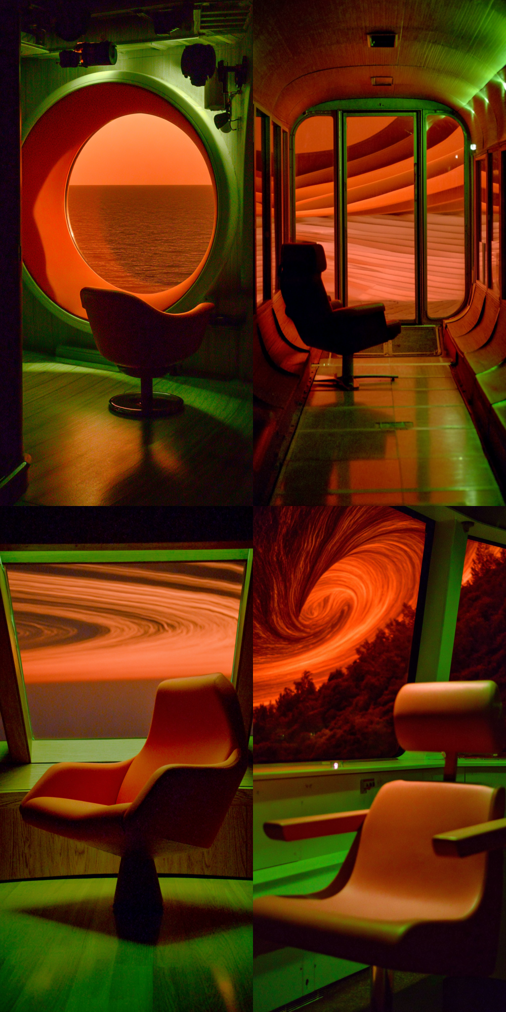 Inside a spaceship's observation deck, a sleek, empty command chair is oriented towards a vast window. The focus is on a swirling, surreal orange nebula outside. The cabin is cast in cool green, shadowy light, representing the focused observation of the unknown, style of Arne Svenson --sref 3558063635 --c 10 --style raw --v 7.0 --ar 1:2