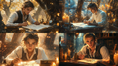 A stunning 20-year-old young man with flowing golden hair swept back from his face, strong masculine features, piercing blue eyes filled with determination and purpose, muscular build visible through a simple white linen shirt with sleeves rolled up revealing powerful forearms, sitting at a solid wooden desk in a cozy floating treehouse high above the clouds. The treehouse has large open windows revealing endless sky and distant floating islands at golden hour. He grips a quill firmly, intensely focused on drawing an elaborate magical map spread across the desk - the map shows two kingdoms connected by a glowing river, tiny illustrations of a wolf and a crown, stars marking special locations, "our story" written in elegant script in one corner. Candles float magically around him providing warm light, old books and scrolls pile nearby, a compass and ink bottles scatter across the desk. Warm golden sunlight streams through the windows, illuminating dust motes dancing in the air. The scene radiates strength, purpose, and sacred dedication to recording their shared journey. Cinematic, hyper-detailed, 8k resolution, heroic atmosphere, intimate yet powerful  --ar 16:9  --style raw  --v 6.1  --s 750  --stylize 350
