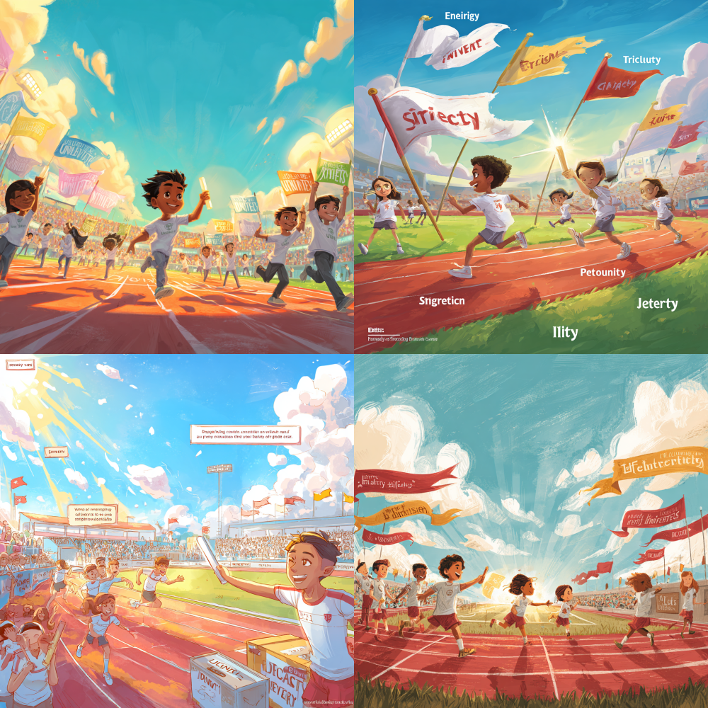 Create an image: Scene: A vibrant university standard athletic field with a striking red rubber track. In the distance, a group of teachers and students applaud and wave colorful flags from the stands. The weather is bright and sunny, with a clear blue sky dotted with fluffy white clouds, as warm sunlight streams diagonally from the upper left, creating a cheerful and uplifting atmosphere. Central action: Slightly to the right of the center, a student in a white athletic uniform adorned with the school emblem (symbolizing the "Deliverer") is gracefully passing a luminous relay baton to another student (symbolizing the "Receiver"). The baton has a semi-transparent crystal quality, featuring a clearly defined character for "Integrity" within, emanating a soft, golden glow. The Receiver leans forward slightly, extending their right hand with a determined yet joyful expression, ready to grasp the baton. Surrounding figures: On the track, several other students are seen, each holding different relay batons inscribed with the words "Sincerity," "Trust," "Justice," and "Purity," all engaged in running or preparing to pass their batons. While these batons do not shine as brightly as the "Integrity" baton, they emit a gentle glow that complements the central focus. Detail elements: The track is marked with crisp white lane lines, clean and precise. In the background stands a banner proclaiming "A Gentle Breeze Nourishes the School: Cultivating Integrity in Education." A small sapling thrives on the distant grass field, symbolizing the roots and future of integrity culture. All students exhibit expressions of positivity, focus, and vitality, devoid of any negative or sarcastic elements. Color and lighting: Dominant colors: red (track), green (grass), white (athletic uniforms), gold (baton's glow). Lighting: Sunlight illuminates from a 45-degree angle, highlighting the contours of the figures with soft highlights, while the baton’s glow casts warm reflections on their faces. Overall style: Semi-realistic illustration with a hint of youthful anime aesthetic, the scene is transparent, bright, and uplifting. Composition: Utilizing a wide-angle perspective and a low-angle shot to emphasize the baton’s glow and the dynamic moment of the handover. The focus is on the two hands and the baton, with the background slightly blurred but still clearly revealing the banner and stands.