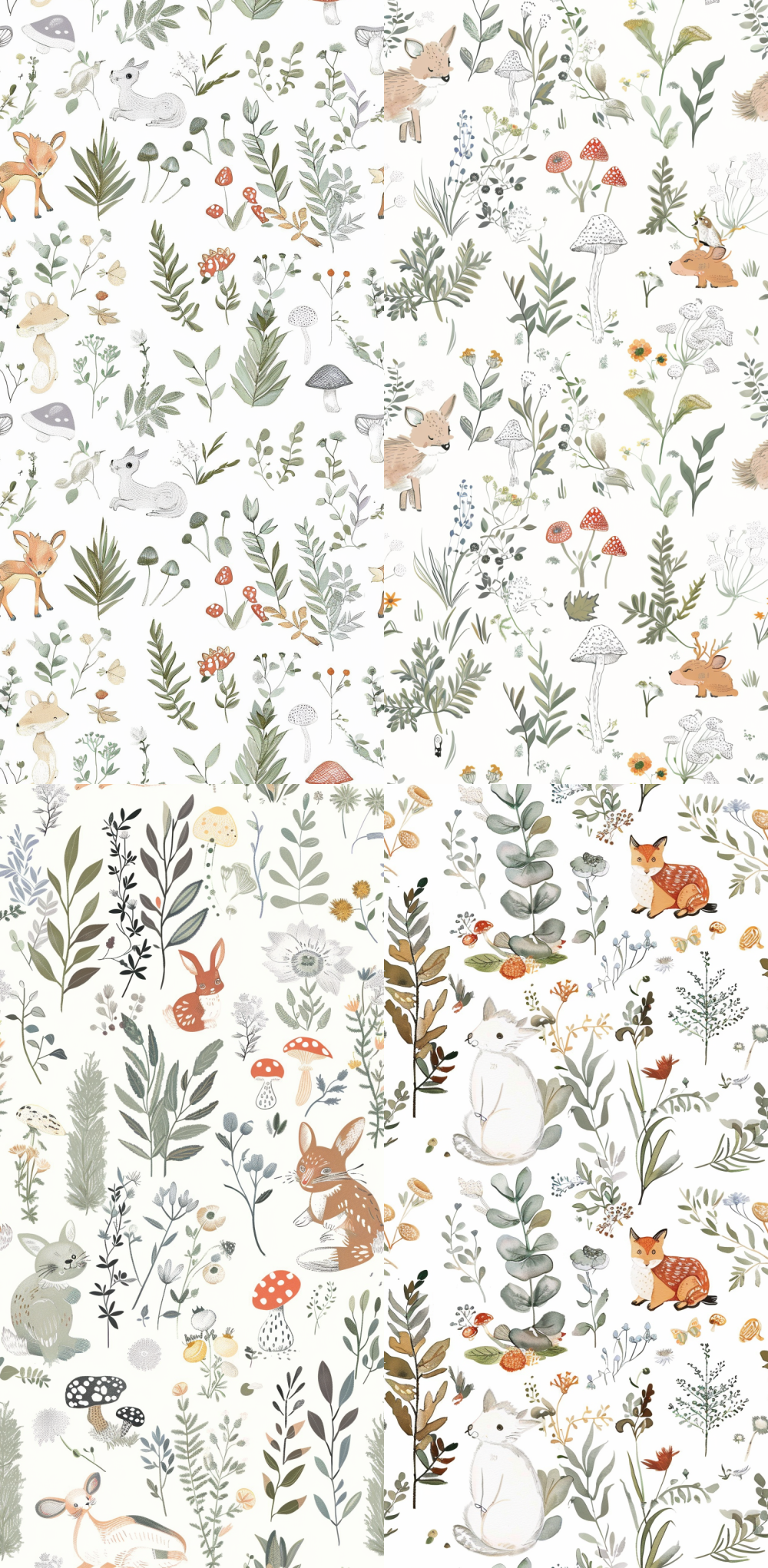 < https://oc.superx.chat/img/1760517698920.png > a seamless pattern with whimsical forest animals, illustrated in soft pastel tones and delicate line work. the design incorporates light gray and green, using clean lines to depict the playful scene of woodland creatures amidst plants and mushrooms on a white background. --ar 63:128 --tile --v 6