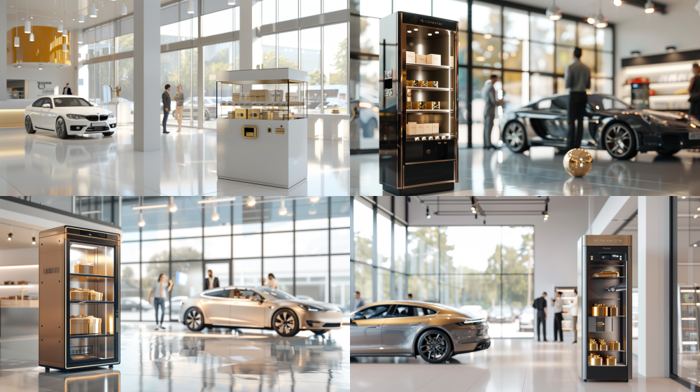 shop Photorealistic image of a bright, clean, and modern car dealership (4S) showroom. In a stylish product display area, stands a **minimalist arcade prize machine with a matte gold finish**. The machine features a **prominent, glossy golden U-shaped magnet** instead of a traditional claw. Inside the transparent cabinet are **elegant spherical gift boxes in muted gold foil**. The overall design of the machine is sleek and sophisticated. A sleek new car is parked next to it on the polished showroom floor. Well-dressed customers and staff are browsing in the background. Natural lighting from large windows, creating a warm and high-end atmosphere.  --ar 16:9  --v 6.0  --style raw