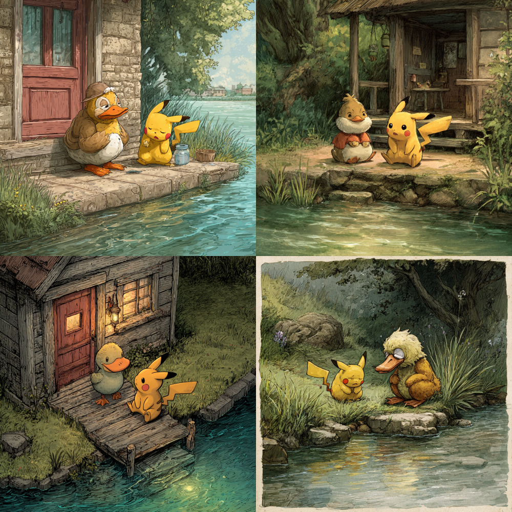 Draw a picture of Psyduck comforting Pikachu crying by the river at his doorstep