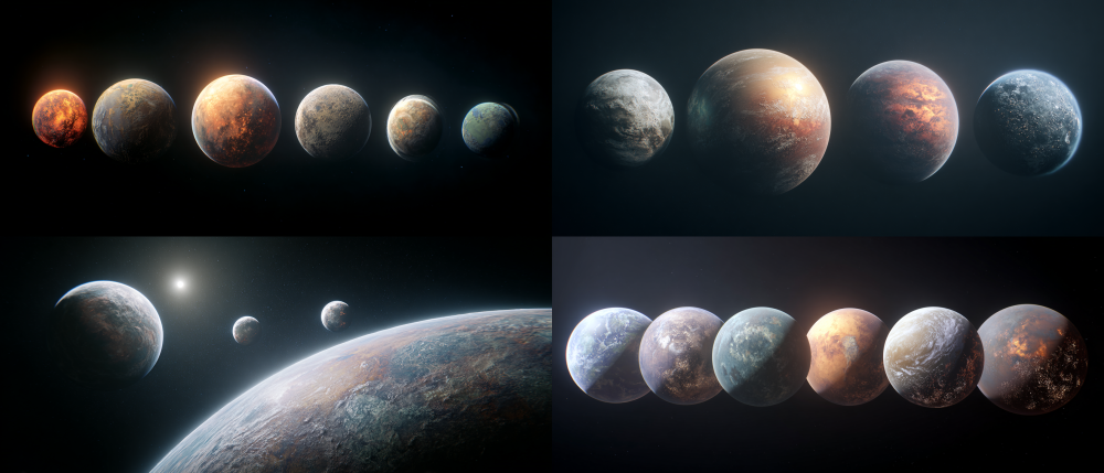 Lonely planets of various types in space, with a sci-fi feel, hyper realistic, cinematic lighting, and cinematic visuals, --ar 21:9