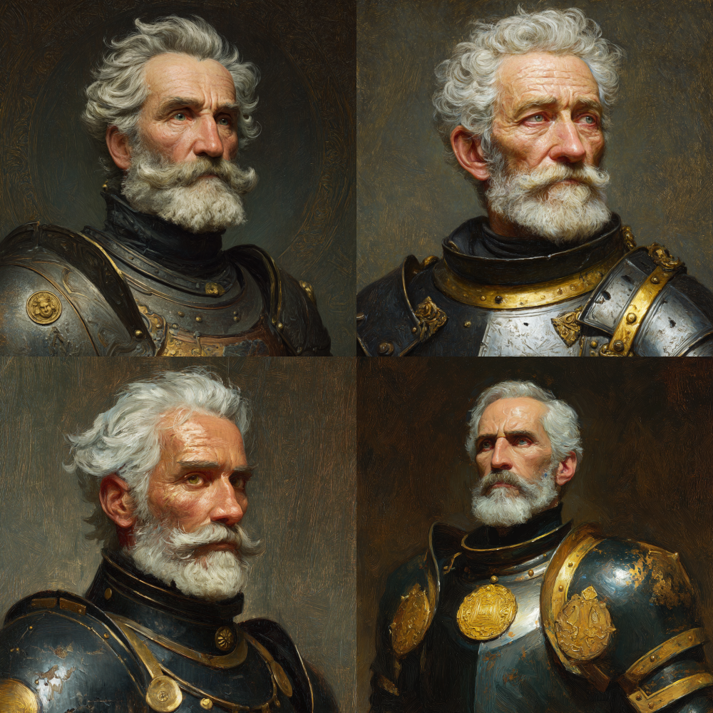an old distinguished-looking gentleman with golden shining eyes, grey hair, bewhiskered, serious face,scrached armor,strong full body, oil painting style, 4K resolution,