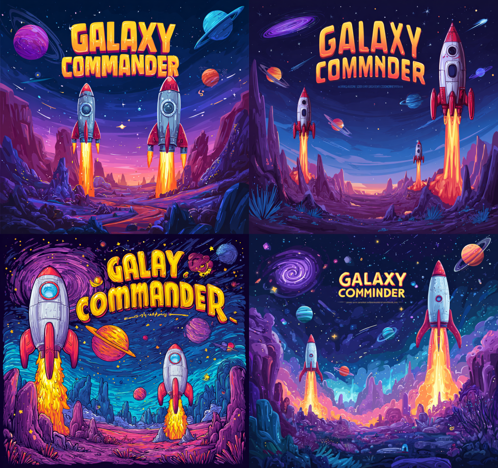 A vibrant, cartoon-style illustration set against the vastness of space features two red and white rockets blasting off with fiery exhaust trails. The backdrop showcases a deep blue-black sky, dotted with sparkling stars and colorful nebulae, alongside several ringed planets in shades of blue, orange, and pink. In the upper left corner, a large purple spiral galaxy is faintly visible. The title 'Galaxy Commander' is prominently displayed at the top in golden and blue fonts, accompanied by smaller text below. In the foreground, one rocket ascends rapidly on the right while the other, positioned slightly lower on the left, also soars upward. The lower part of the image depicts a stylized alien landscape filled with purple and blue rock formations.  --ar 17:16