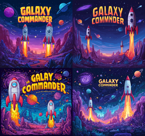 A vibrant, cartoon-style illustration set against the vastness of space features two red and white rockets blasting off with fiery exhaust trails. The backdrop showcases a deep blue-black sky, dotted with sparkling stars and colorful nebulae, alongside several ringed planets in shades of blue, orange, and pink. In the upper left corner, a large purple spiral galaxy is faintly visible. The title 'Galaxy Commander' is prominently displayed at the top in golden and blue fonts, accompanied by smaller text below. In the foreground, one rocket ascends rapidly on the right while the other, positioned slightly lower on the left, also soars upward. The lower part of the image depicts a stylized alien landscape filled with purple and blue rock formations.  --ar 17:16