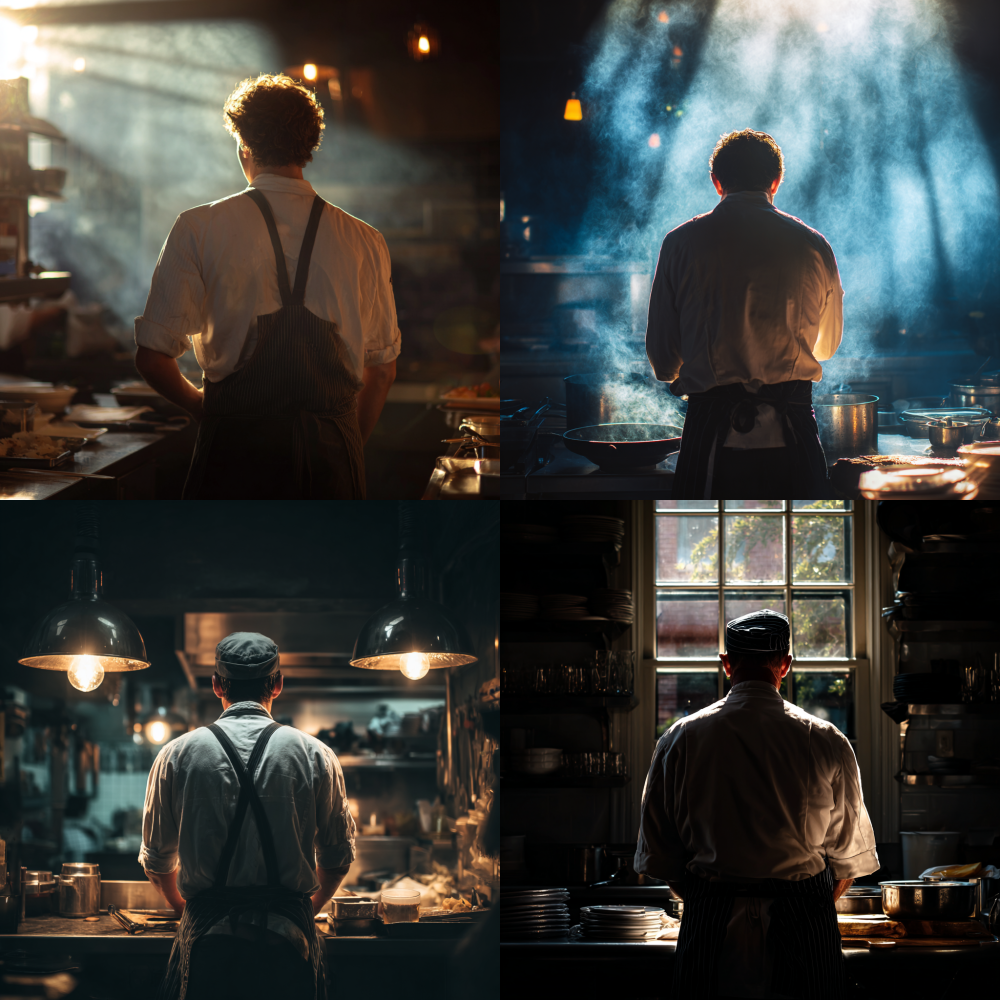 Chef facing away from the camera and backlit 