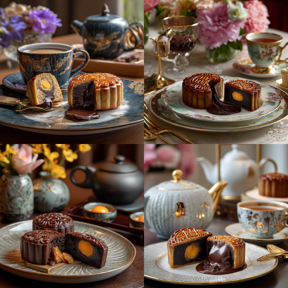 On the dining table, there is a plate of high-end mooncakes, one of which is cut open and flows out with chocolate, while the other has egg yolks inside. Overall, it is very high-end and elegant    